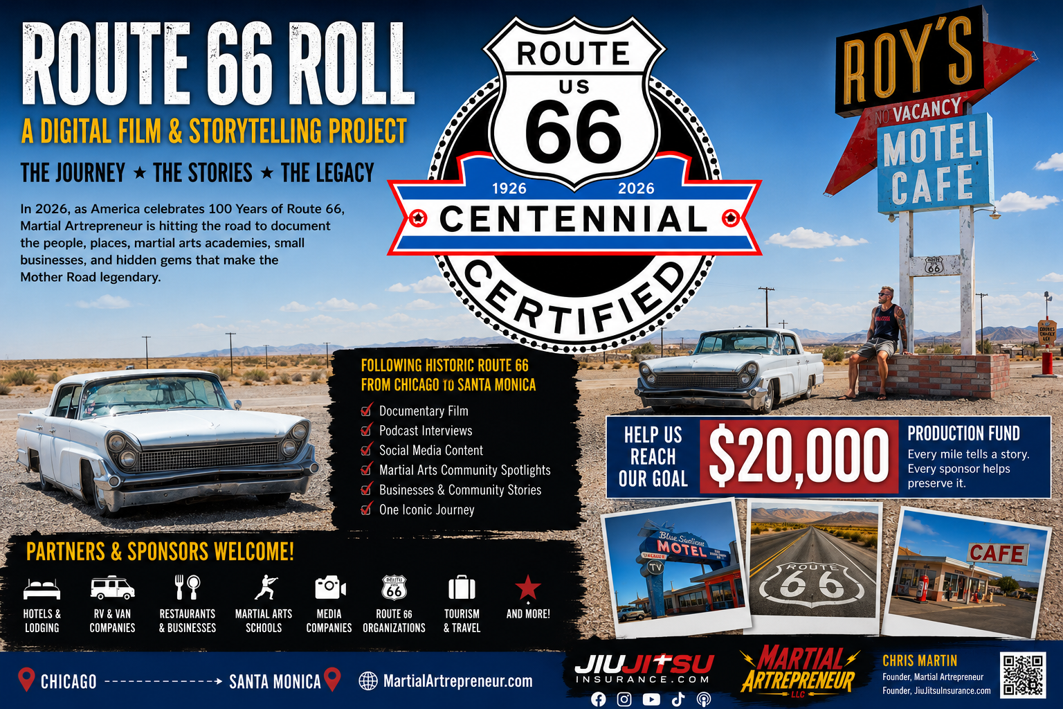Route 66 Roll — A Digital Film & Storytelling Project. Route 66 Centennial 1926–2026. Help us reach our $15,000 production fund goal.